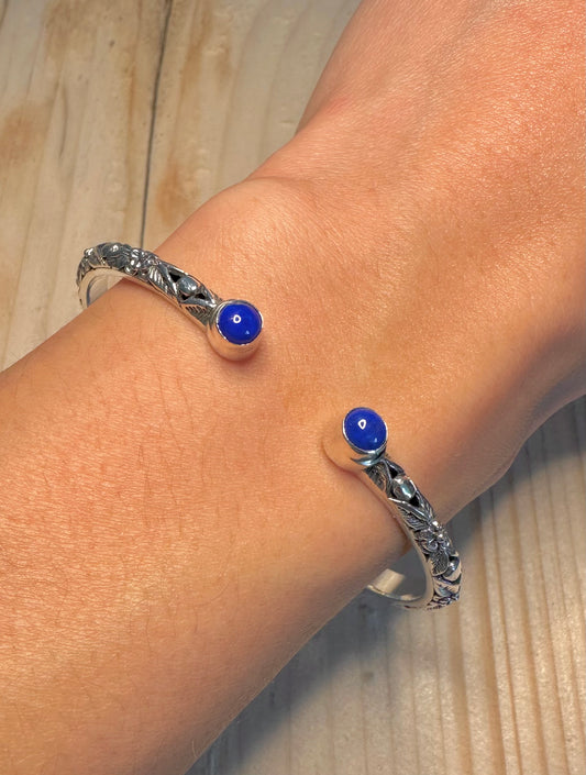 Lapis Lazuli Flower Ornate Cuff 925 Sterling Silver Bracelet