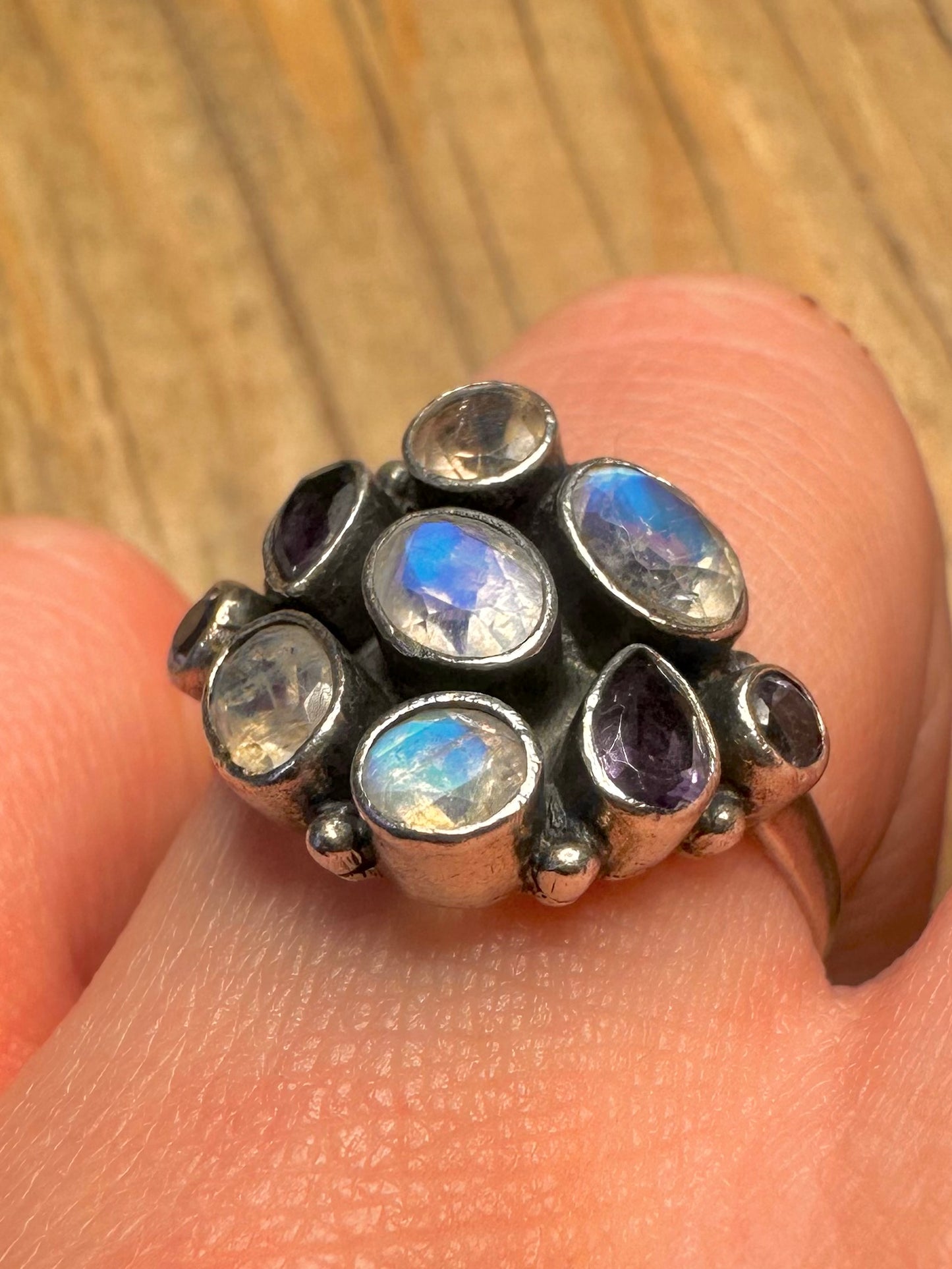 Vintage Moonstone and Amethyst 925 Sterling Silver Size R Ring