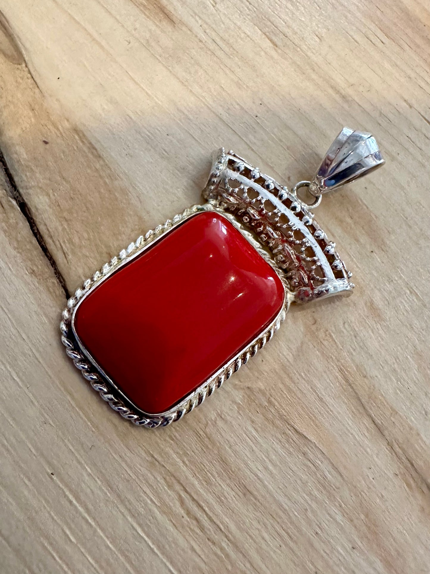 Vintage Large Red Ornate 925 Silver Pendant