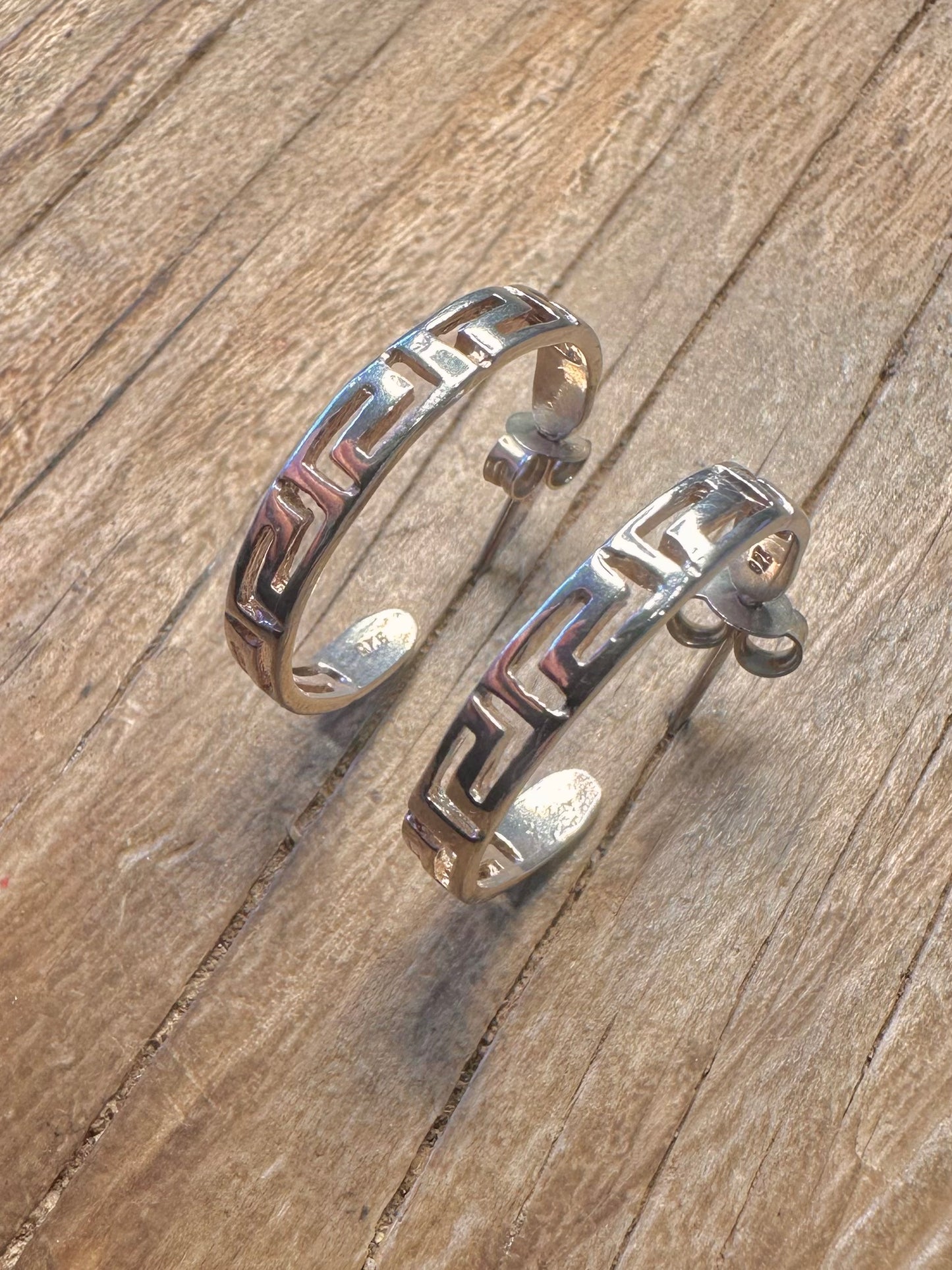 Vintage Greek Key Half Hoops 925 Sterling Silver Earrings