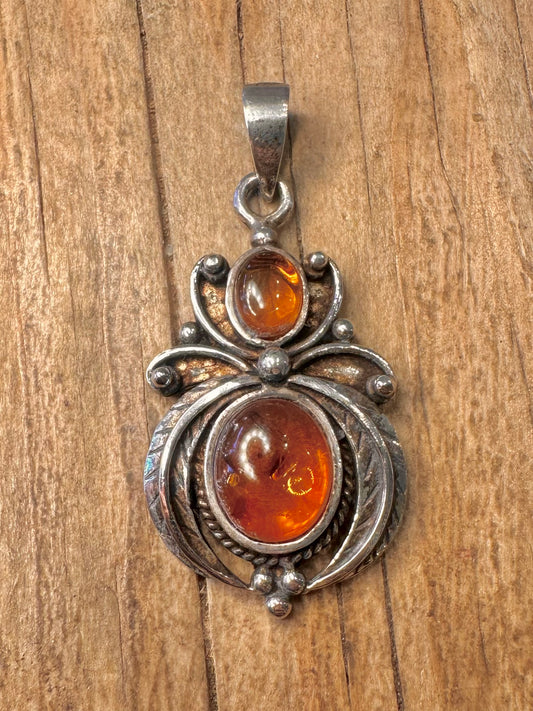 Vintage Blumen-Bernstein-Design 925 Sterling Silber Anhänger