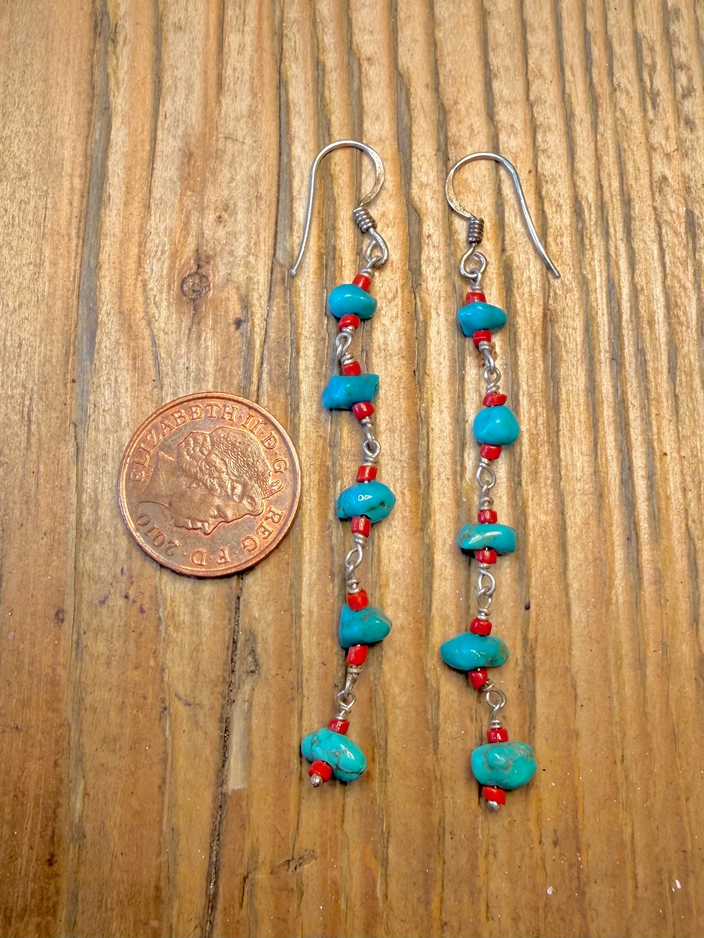 Turquoise and Coral Dangle 925 Sterling Silver Earrings