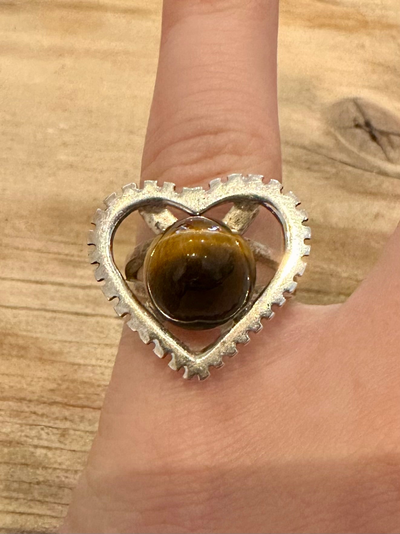 Abstract Heart Shaped Tigers Eye 925 Silver Size N Ring