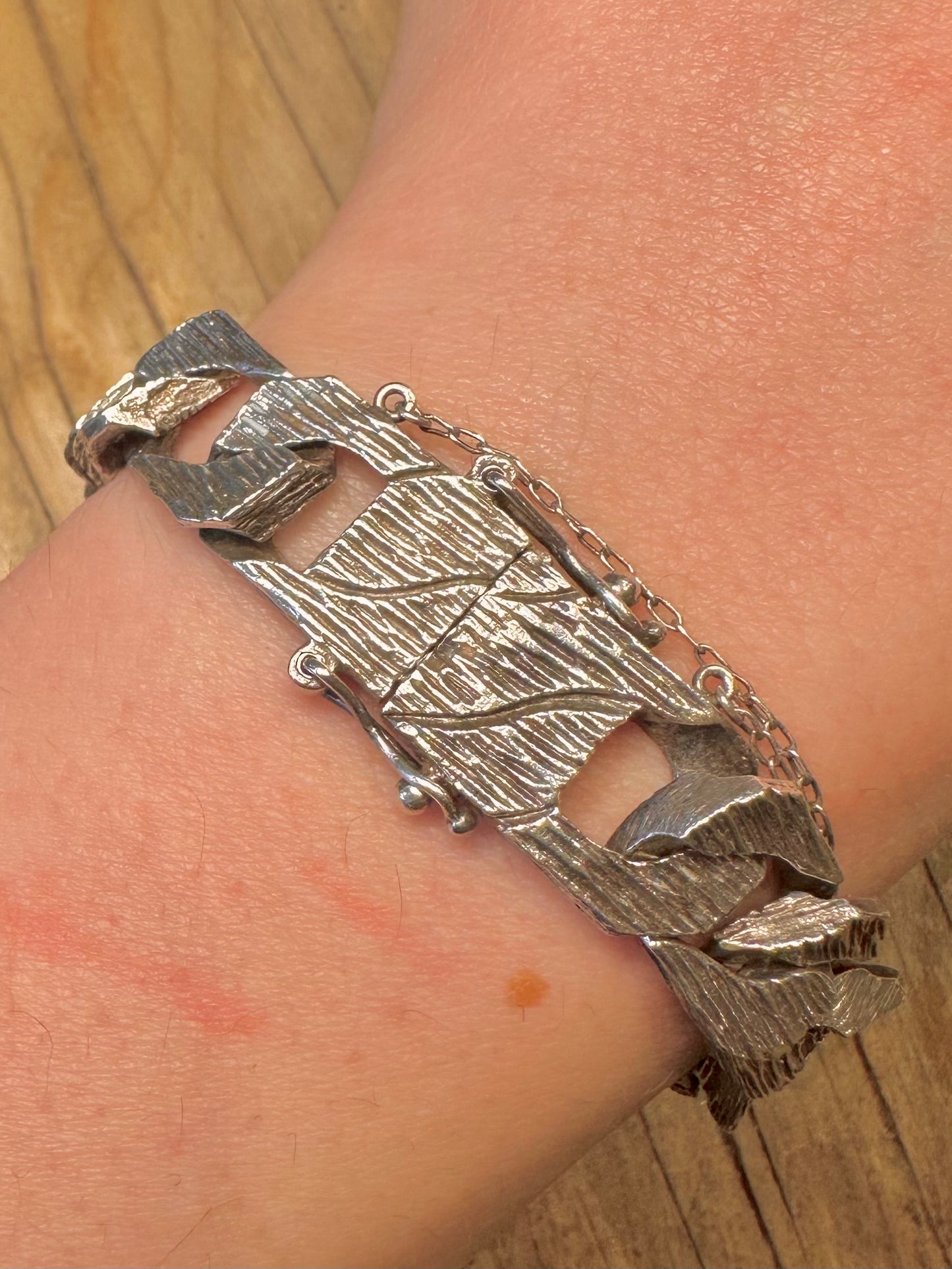 Vintage 1978 Chunky Textured Bark Effect Curb Chain 925 Sterling Silver 7.5 inch Bracelet