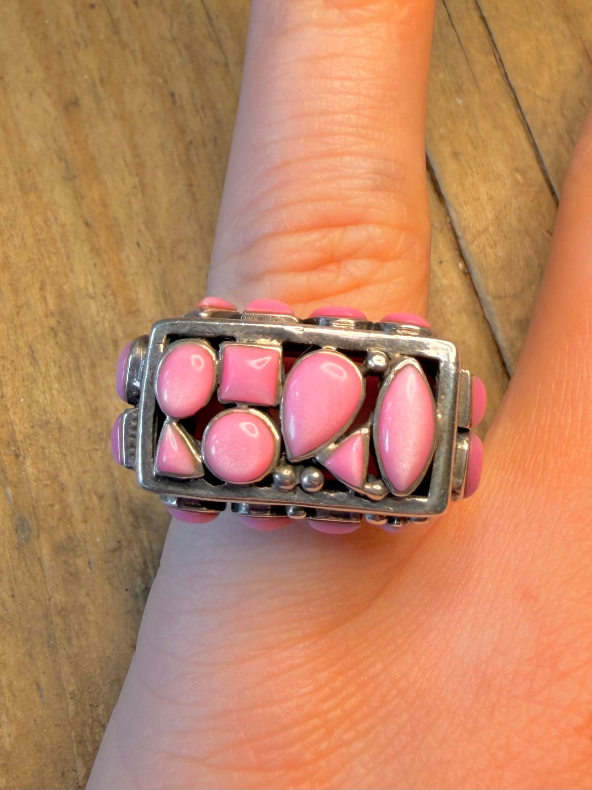 Abstract Pink Cabochon Stones 925 Sterling Silver Size N Ring