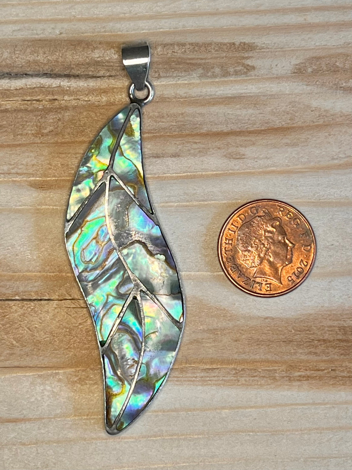Large Leaf Shaped Abalone Shell 925 Sterling Silver Pendant