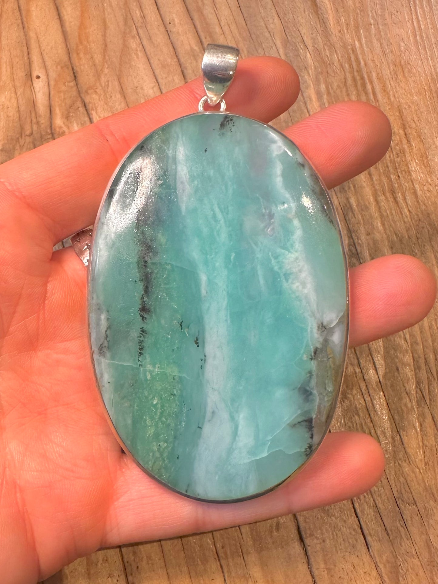 Vintage Large Blue Chrysoprase 925 Sterling Silver Pendant