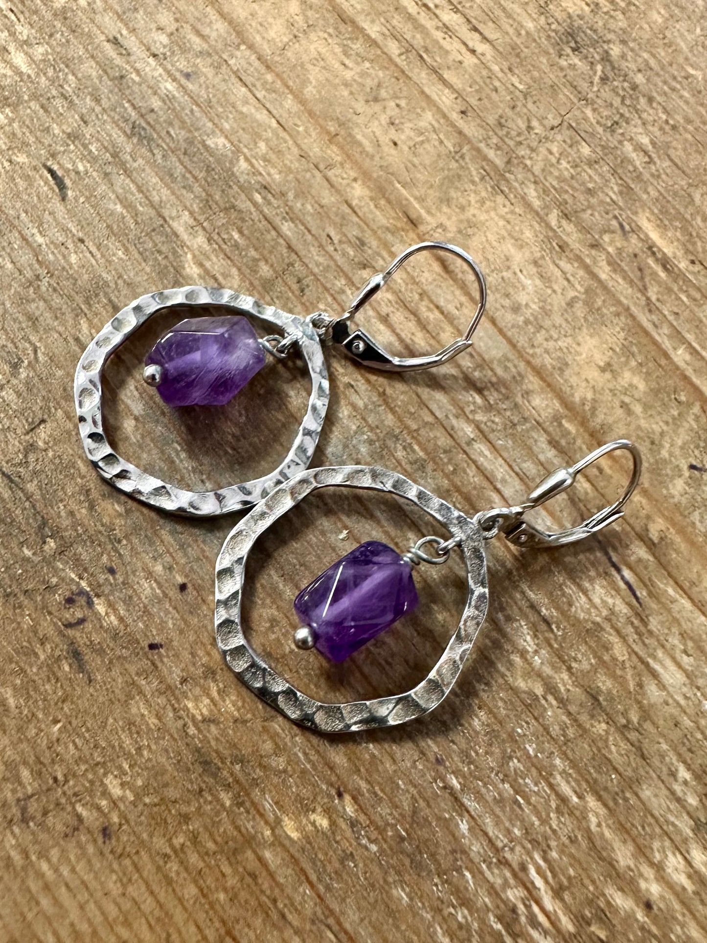 Vintage Hammered Amethyst Circle 925 Silver Earrings