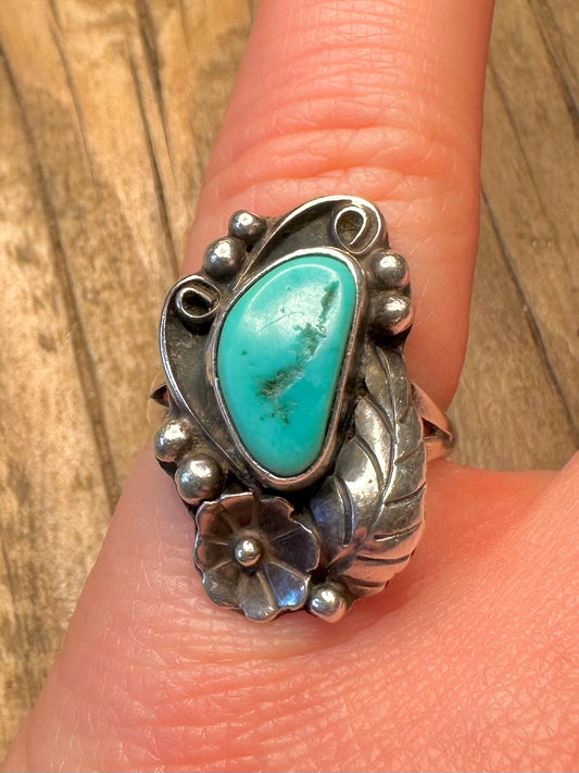 Vintage Navajo Floral Turquoise Maker Roy B Platero 925 Sterling Silver Size M Ring