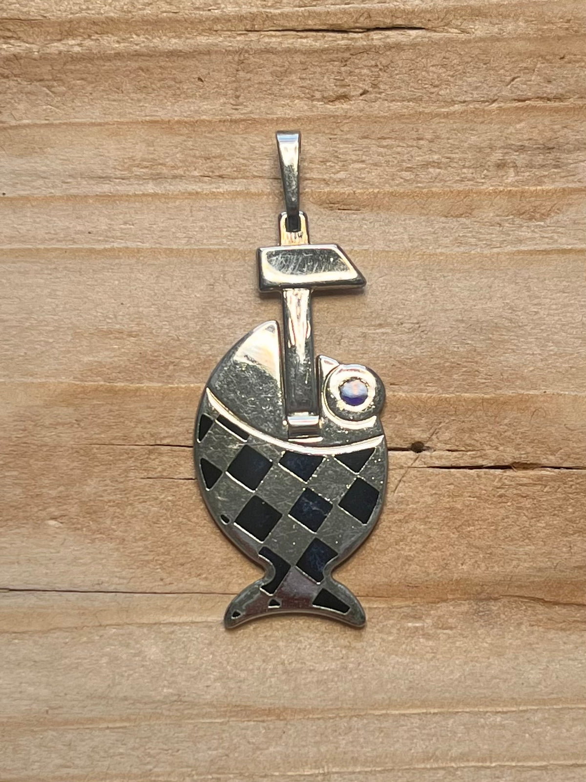 Checkered Fish 925 Italy UNOaERRE Italy 925 Sterling Silver Pendant