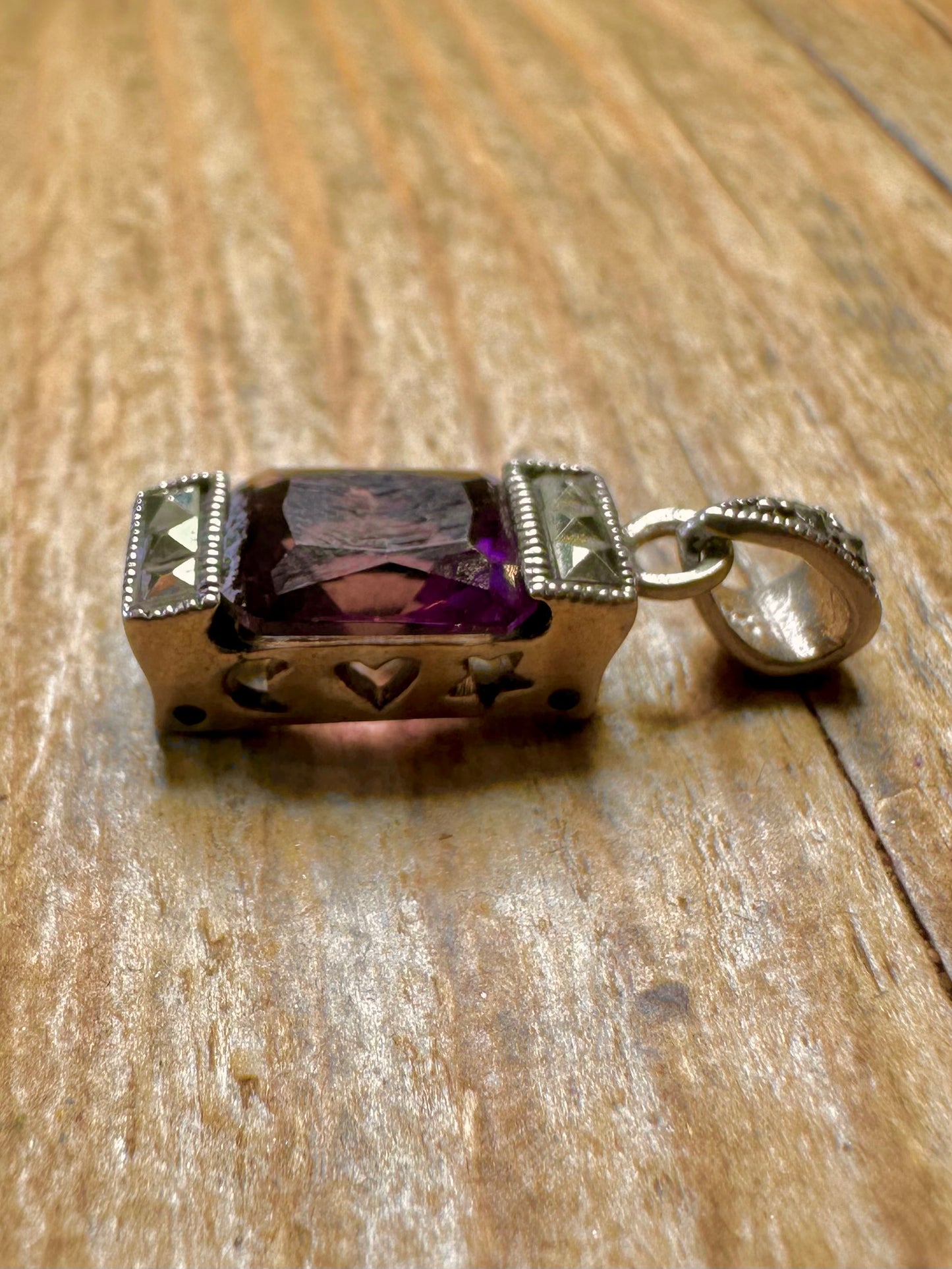 Purple Rectangle Gemstone and Marcasite 925 Sterling Silver Pendant