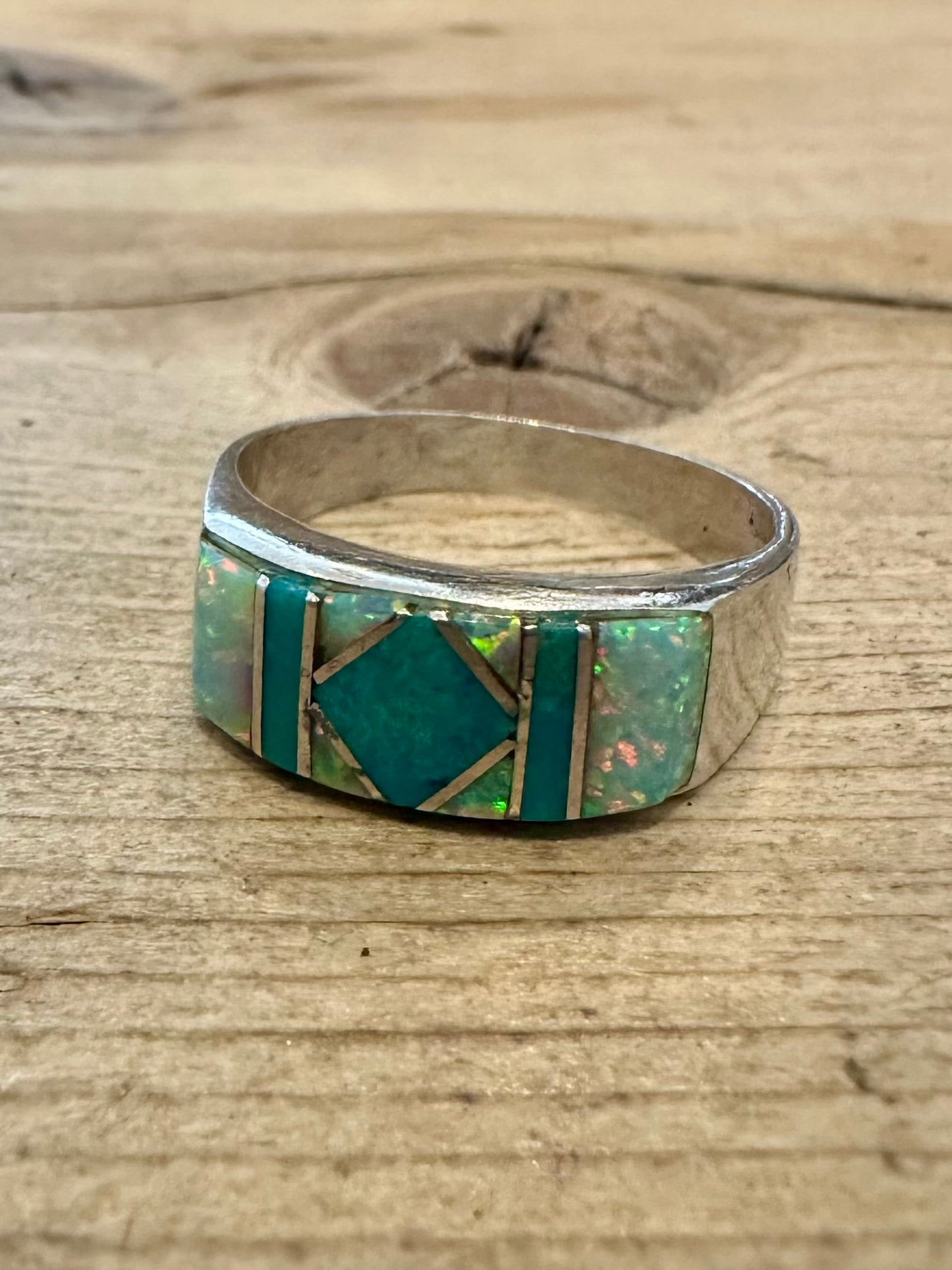 Vintage Opal and Turquoise Inlay 925 Silver Size V Ring