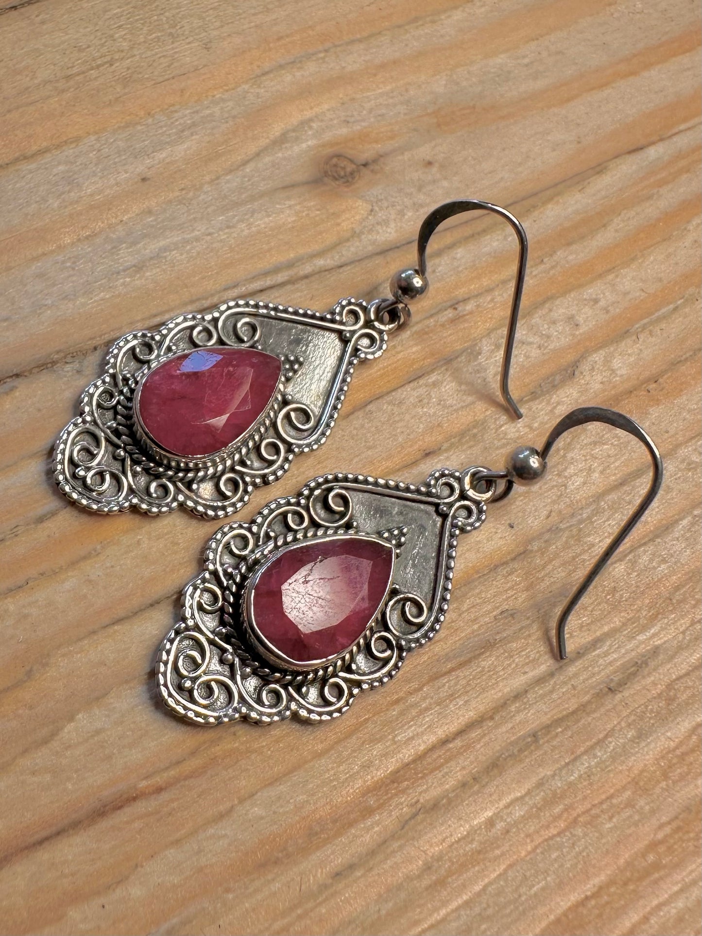 Vintage Ruby Ornate 925 Silver Earrings