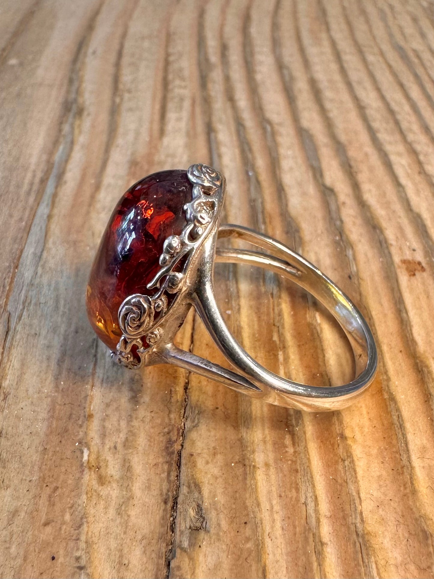 Amber Style Floral Mount 925 Sterling Silver Size U Adjustable Ring