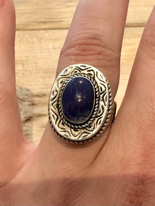 Vintage Ornate Lapis Ethnic Silver Size O Ring