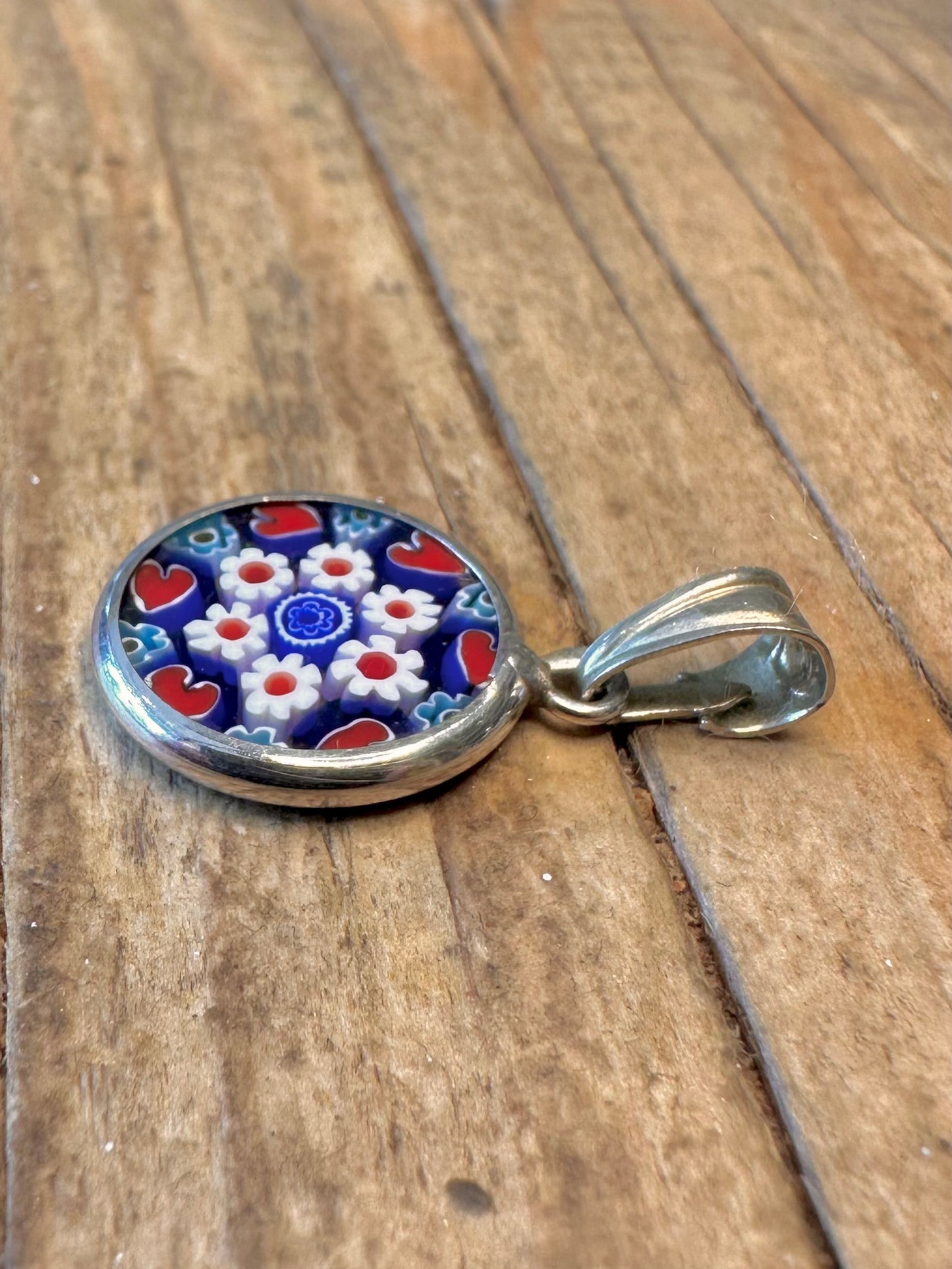Millefiori Glas Blau Rot Weiß Italien 925 Sterling Silber Anhänger