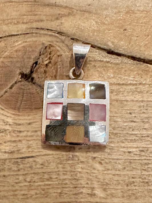 Vintage Square Multi Coloured Mother of Pearl 925 Silver Pendant