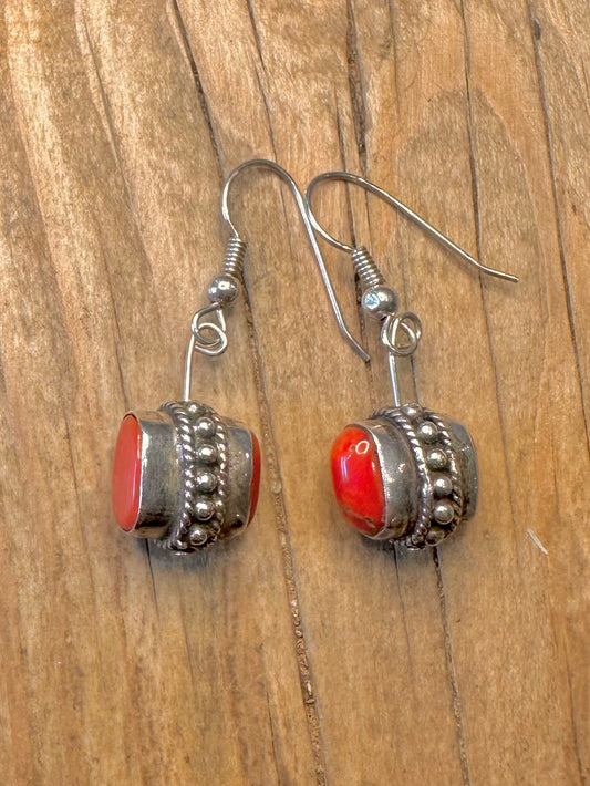 Vintage Raw Coral Boho Dangle 925 Sterling Silver Earrings