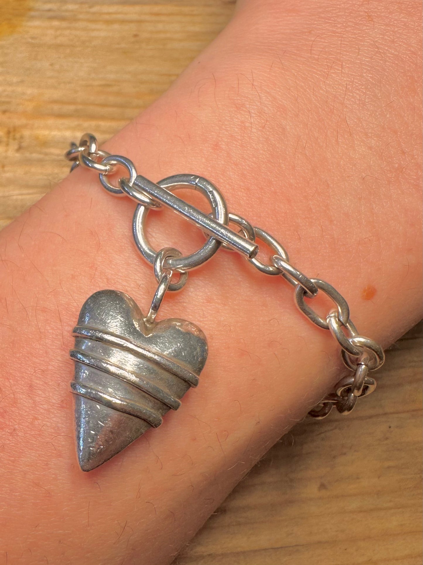 Vintage Abstrakt Herz T-Verschluss Ovale Kette 925 Sterling Silber 19 cm Armband
