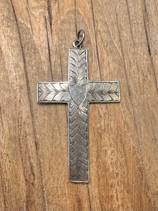 Vintage Floral Etched Shield Cross 925 Sterling Silver Pendant