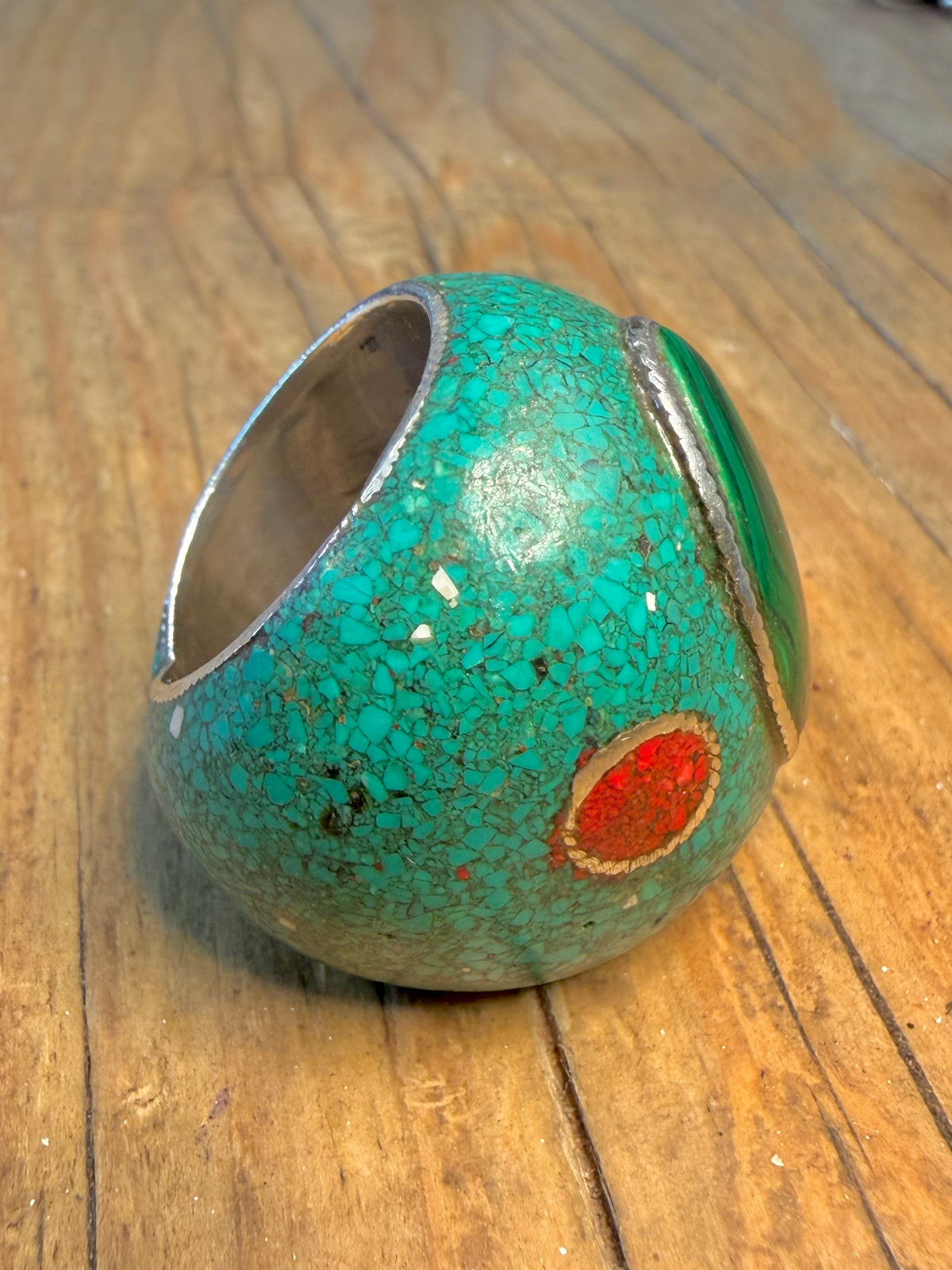 Chunky Turquoise Malachite and Coral Inlay 925 Sterling Silver Size P1/2 Ring