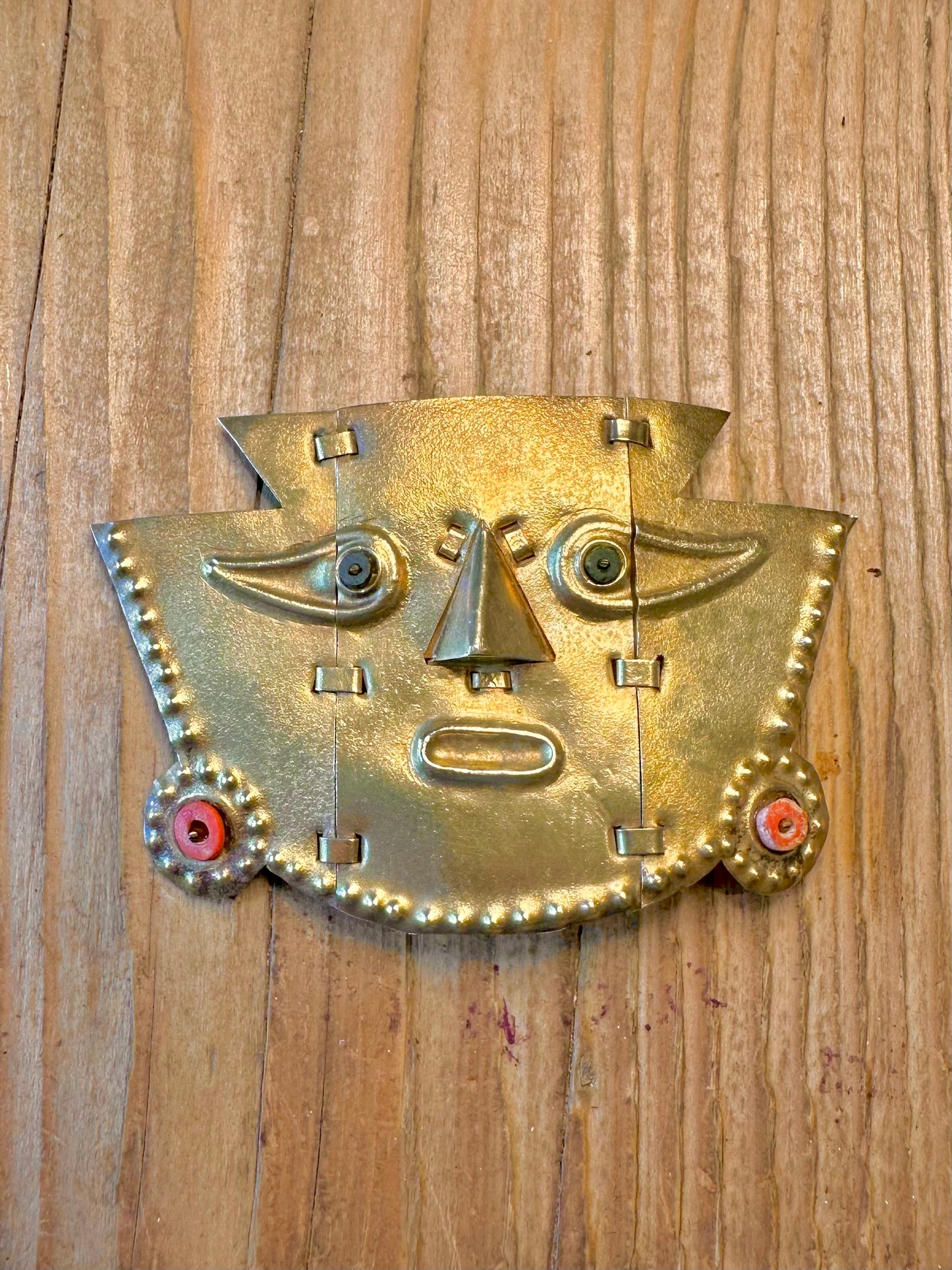 Peruvian Handmade Hinge Movement Sicán Lambeyeque Mask Coral Gold Toned 925 Sterling Silver Pendant And Brooch