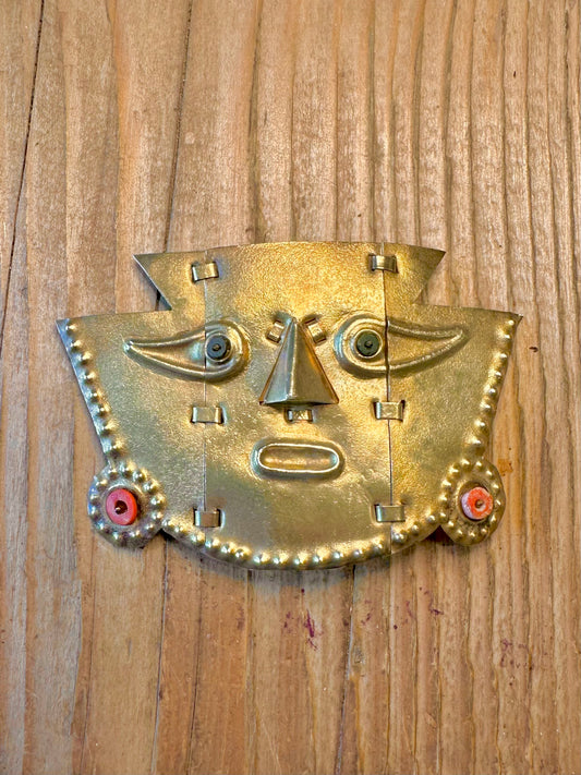 Peruvian Handmade Hinge Movement Sicán Lambeyeque Mask Coral Gold Toned 925 Sterling Silver Pendant And Brooch