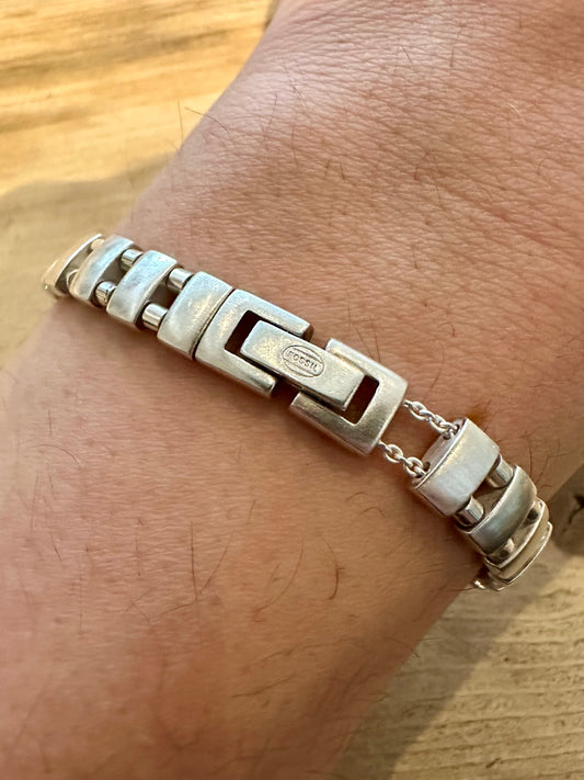 Vintage Unique Fossil Bar Chain 925 Silver 7.2 inch Bracelet