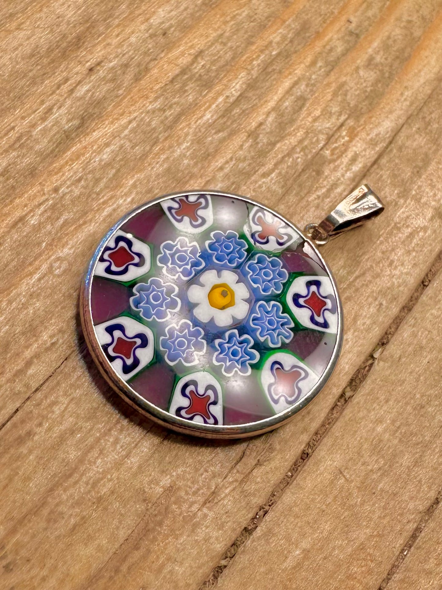 Vintage Murano Glass Millefiori 925 Sterling Silver Pendant