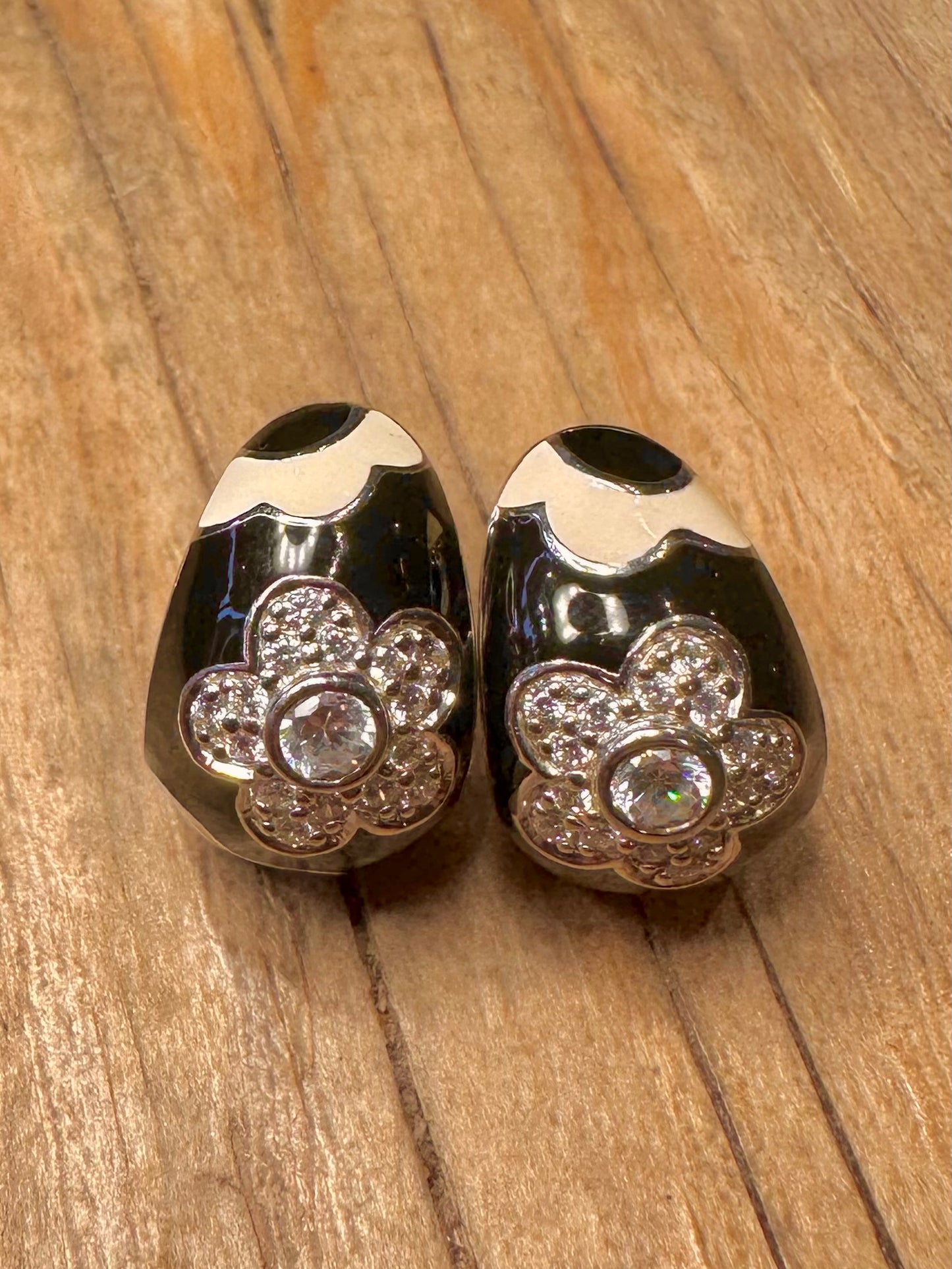 Bella Étoile Italian Black Enamel Hoops CZ Stone 925 Sterling Silver Earrings