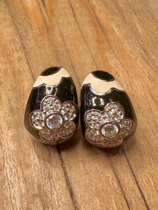 Bella Étoile Italian Black Enamel Hoops CZ Stone 925 Sterling Silver Earrings