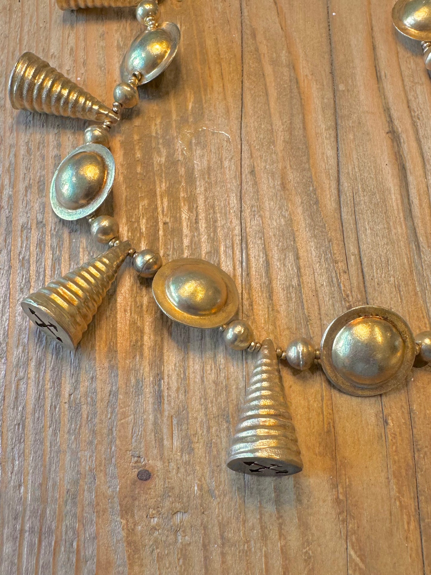 Etruscan Revival Disc and Textured Cone Arrow Gold on 925 Sterling Silver 18 inch Necklace