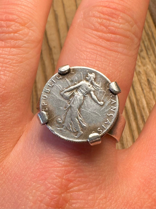 1918 France 50 Centimes 925 Sterling Silver Size Y Ring