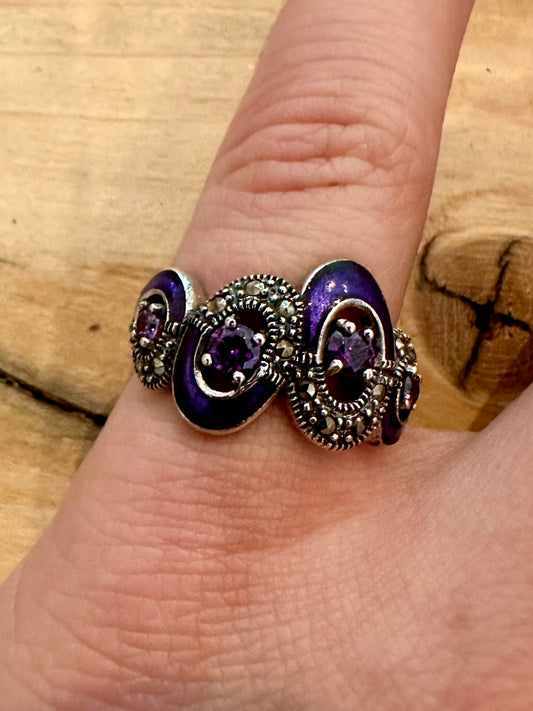 Vintage Amethyst and Marcasite 925 Silver Size N Ring