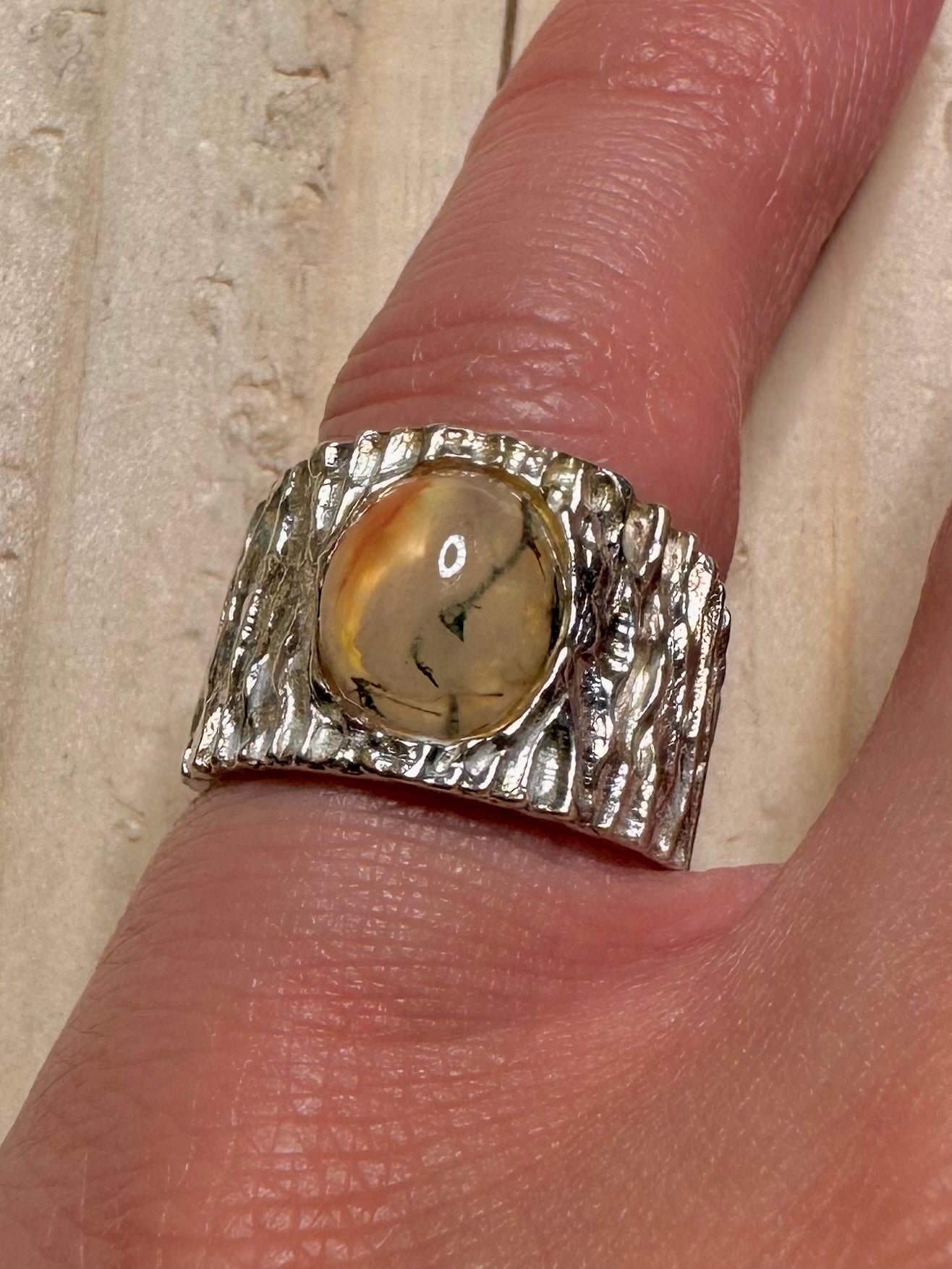 Moss Agate Bark Effect 925 Sterling Silver Size J Ring