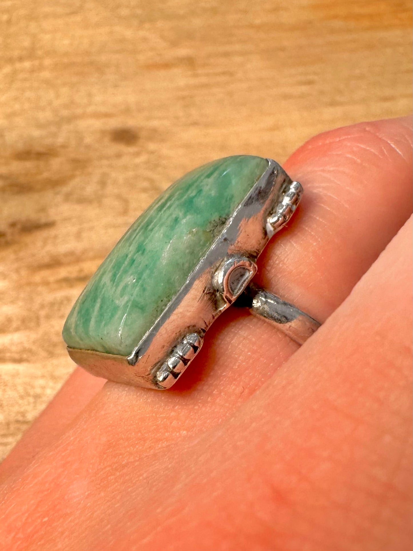Vintage Green Rectangular 925 Silver Size Q Ring