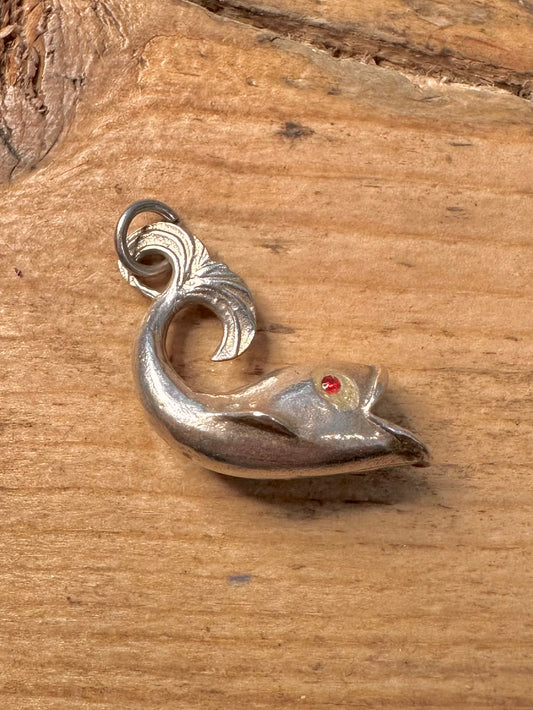 Vintage Red Eye Stone Fish 925 Silver Charm Pendant