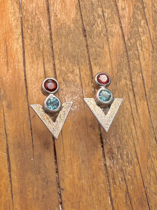 Abstract Red and Blue Gemstone Brush Effect 925 Sterling Silver Earrings