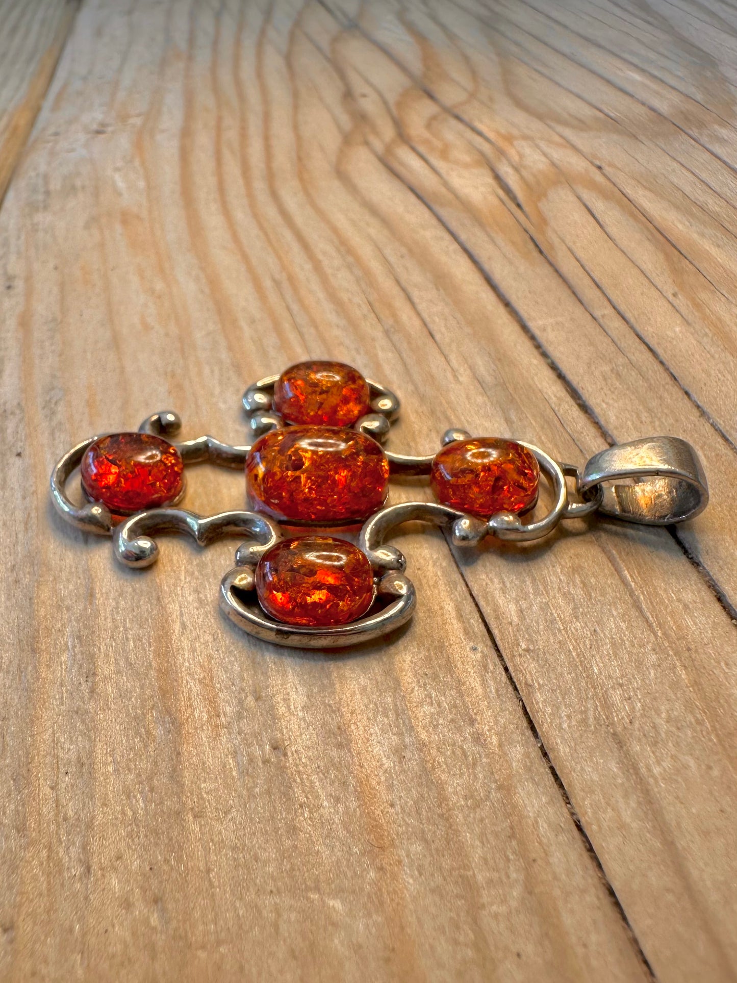 Vintage Amber Cross 925 Silver Pendant