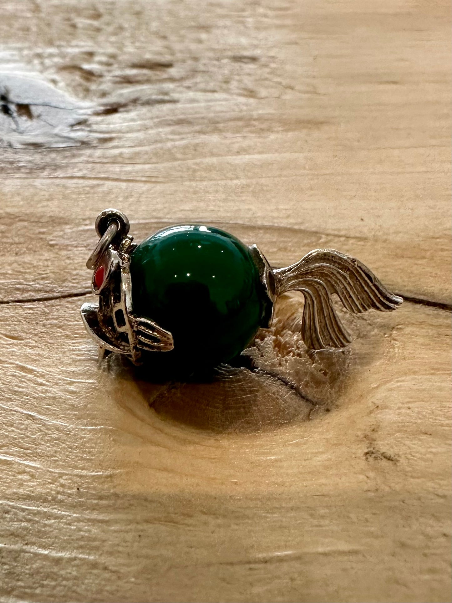 Vintage Puffer Fish Green and Red Eyes Silver Charm Pendant