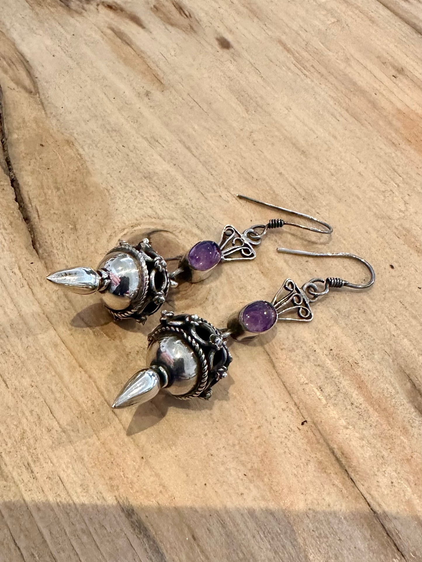 Vintage Amethyst Tribal Dangle 925 Silver Earrings