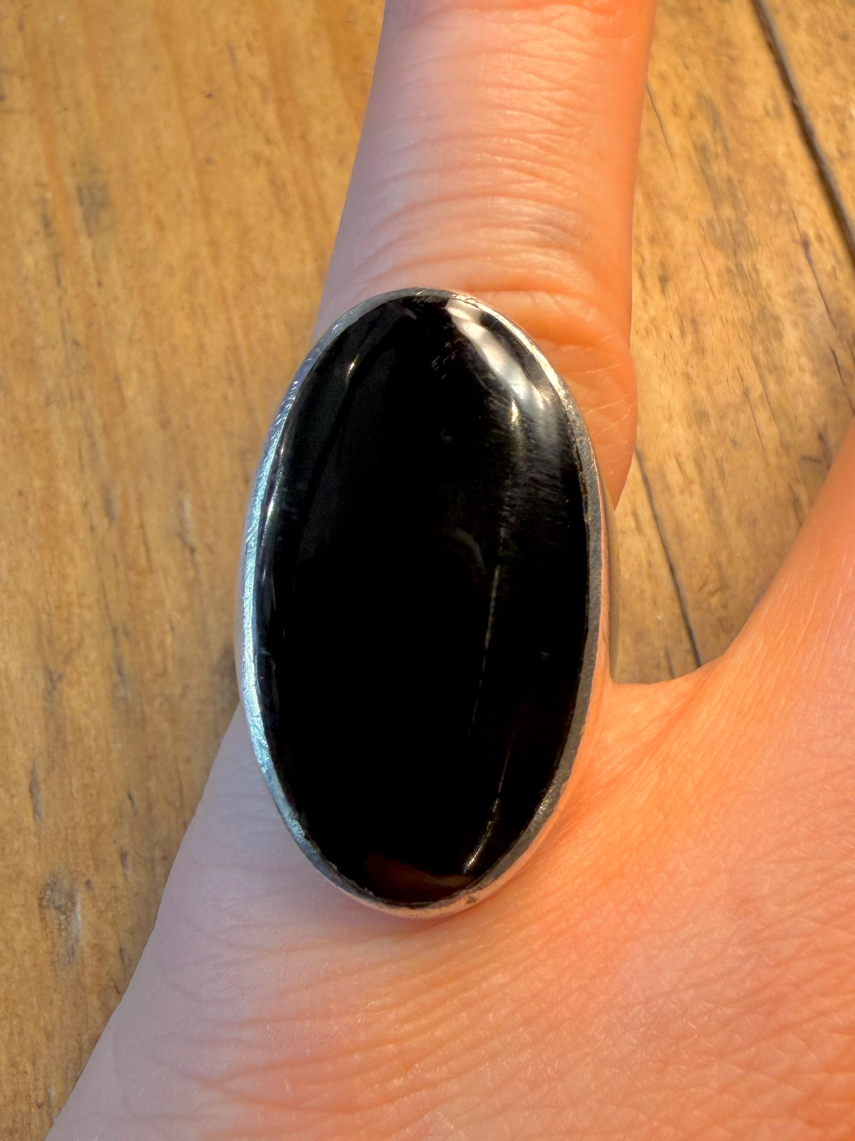 Elongated Oval Black Onyx 925 Sterling Silver Size N1/2 Ring