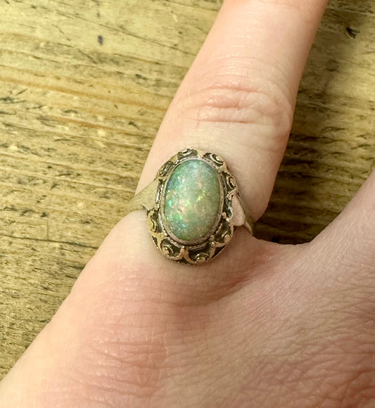 Vintage Opal Ornate 925 Silver with Gold Plate Size L Ring