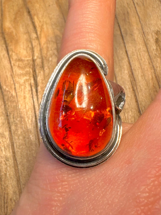 Vintage Floral Mount Oval Amber 925 Sterling Silver Size N1/2 Ring