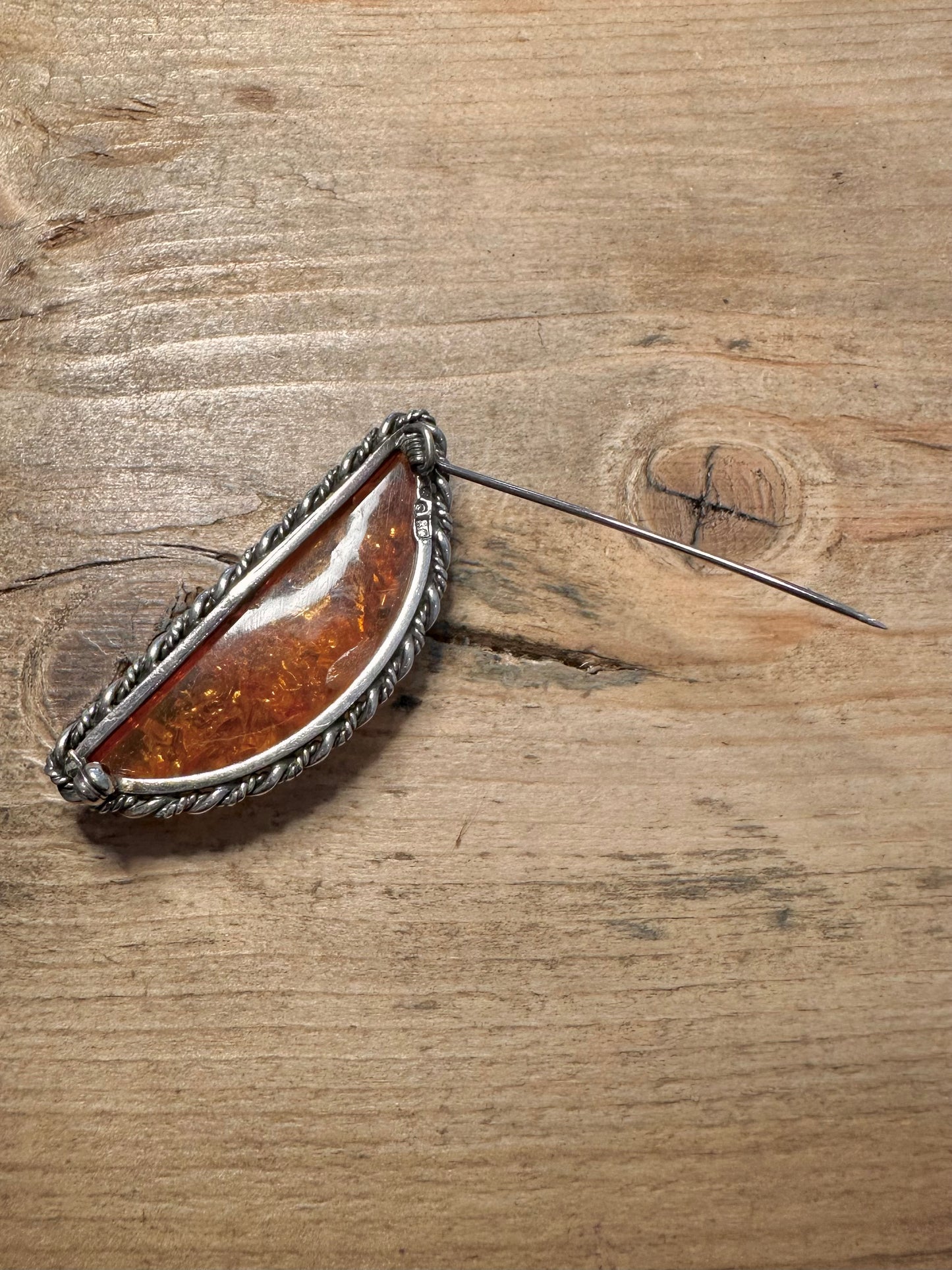 Vintage Embossed Amber 925 Silver Brooch