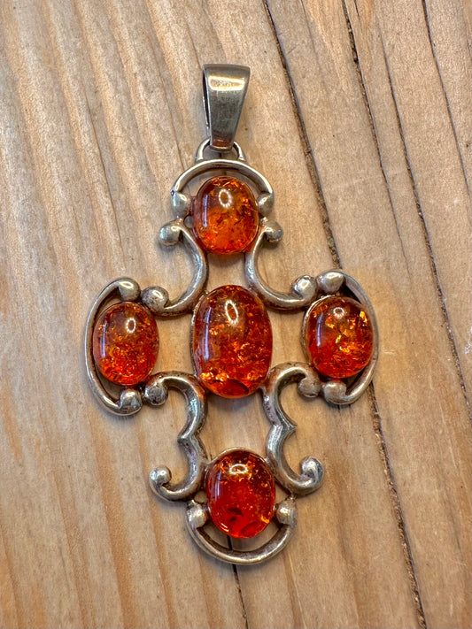 Vintage Amber Cross 925 Silver Pendant