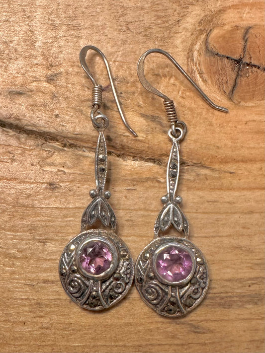 Vintage Amethyst and Marcasite 925 Silver Earrings