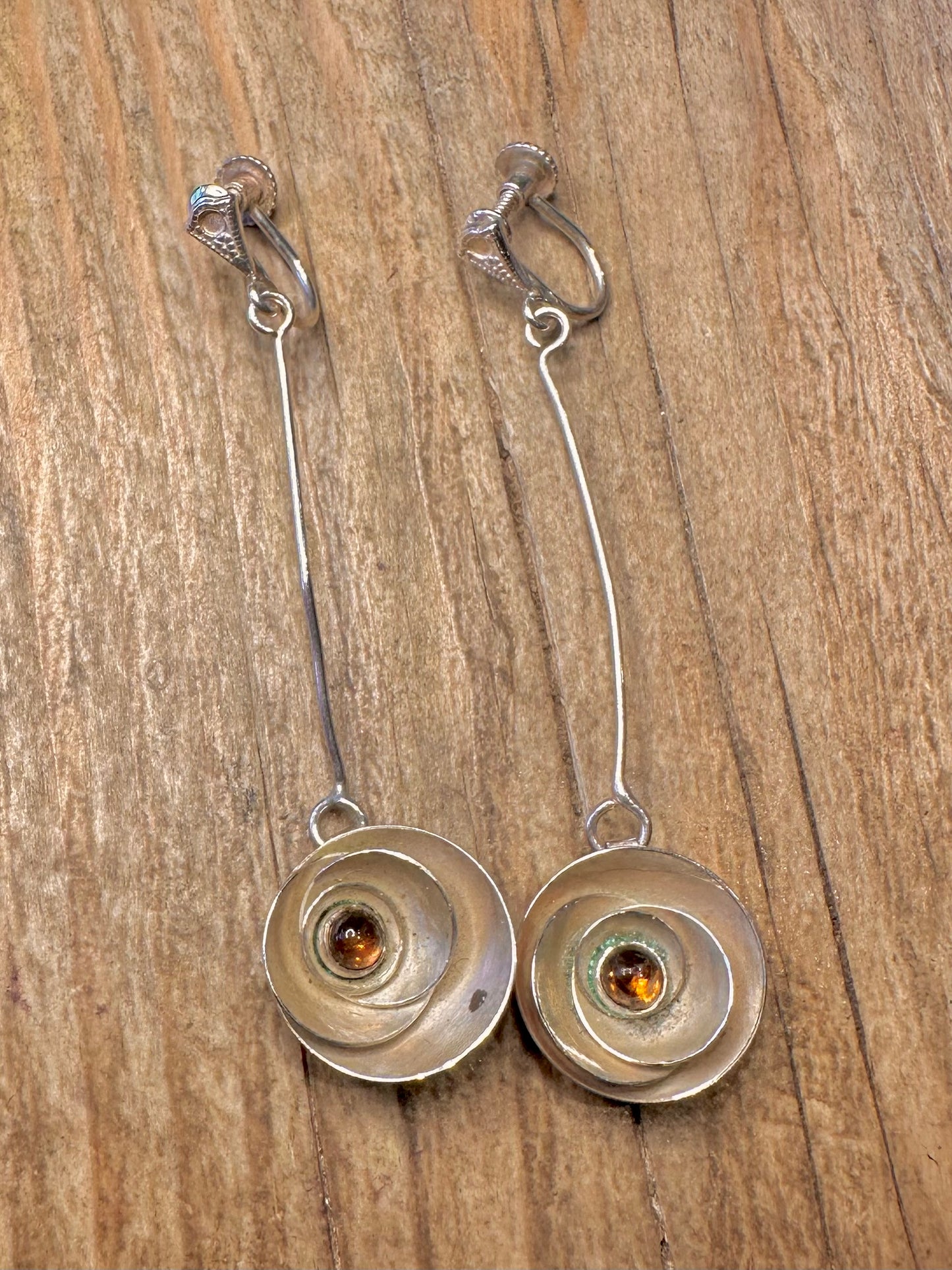 Modernist Yellow Orange Stone Flower Dangle Screw On 925 Sterling Silver Earrings