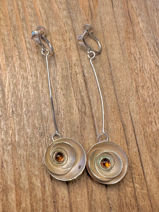 Modernist Yellow Orange Stone Flower Dangle Screw On 925 Sterling Silver Earrings