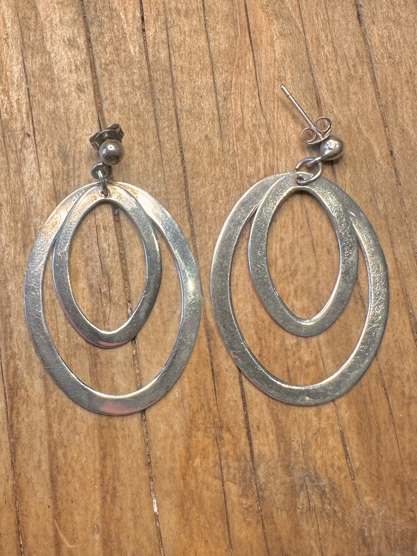Modernist Double Oval Dangle 925 Sterling Silver Earrings